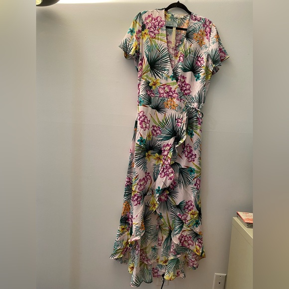 NWT Purple White Multi Tropical Print V Neck Plus Size Wrap Dress Bohemian - Picture 6 of 8